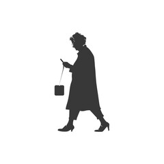 Silhouette of an Elderly Woman Walking and Using a Smartphone