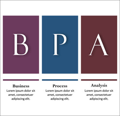 BPA - Business process analysis acronym. Infographic template with icons and description placeholder