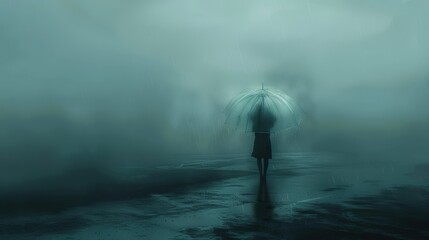 Obraz premium Silhouette of a Woman Walking with an Umbrella in a Foggy Landscape