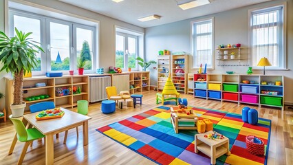 A tidy and colorful daycare room with toys, blocks, and childcare equipment, but devoid of children, conveying a sense of calm and anticipation.