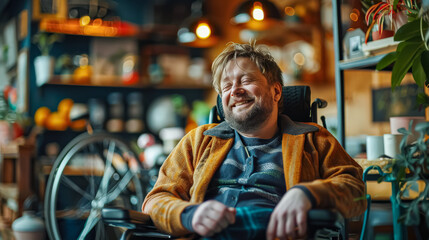 Fototapeta premium A man in a wheelchair is smiling and laughing. He is wearing a yellow jacket and a plaid shirt