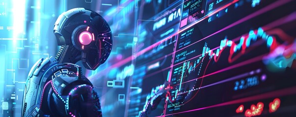 Futuristic Robot Analyzing Financial Data on a Digital Screen