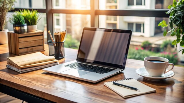 A tidy workspace features a laptop open to a document editing screen, surrounded by organized papers, pens, and a coffee cup on a wooden desk.