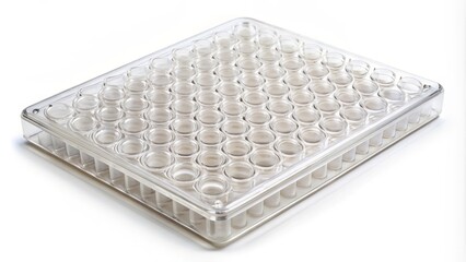 A transparent, empty, and sterile well plate with 96 individual wells, isolated on a white background, awaiting laboratory testing and experimentation.