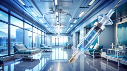 A transparent feeding tube with a syringe attached, surrounded by medical equipment and a hospital backdrop, conveying a sense of healthcare and nutrition.