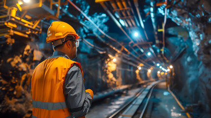 A worker in a hard hat and vest is in a mine tunnel
