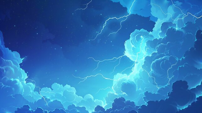 Blue comic background with lightning bolts and clouds, ideal for a superhero theme.