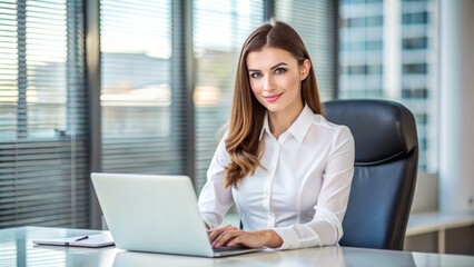 Attractive young professional woman wearing a crisp white blouse with a classic pointed collar, sitting confidently in a modern office setting with a laptop.