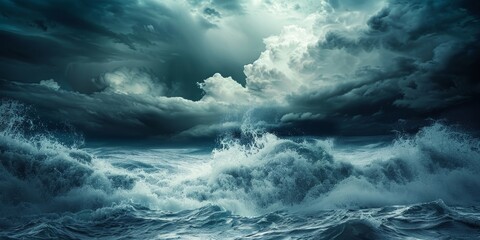 Fototapeta premium Dramatic ocean waves under a stormy sky, showcasing nature's power and beauty in a turbulent scene of water and clouds.