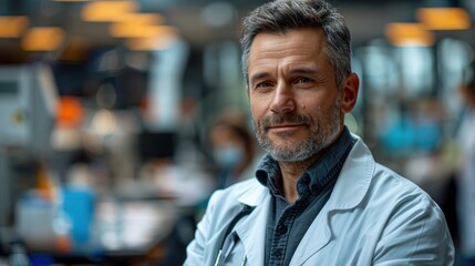 Fototapeta premium Doctor in a modern medical facility smiling during a routine check-up in the afternoon