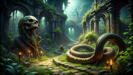 Fototapeta premium A eerie, dimly lit scene depicting a serpent coiled around a human skeleton, surrounded by ancient ruins and overgrown vegetation, exuding mysticism and foreboding.