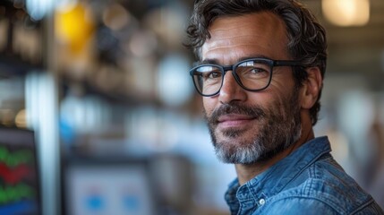 Fototapeta premium Man with glasses smiling while working at a desk in an office environment during daytime