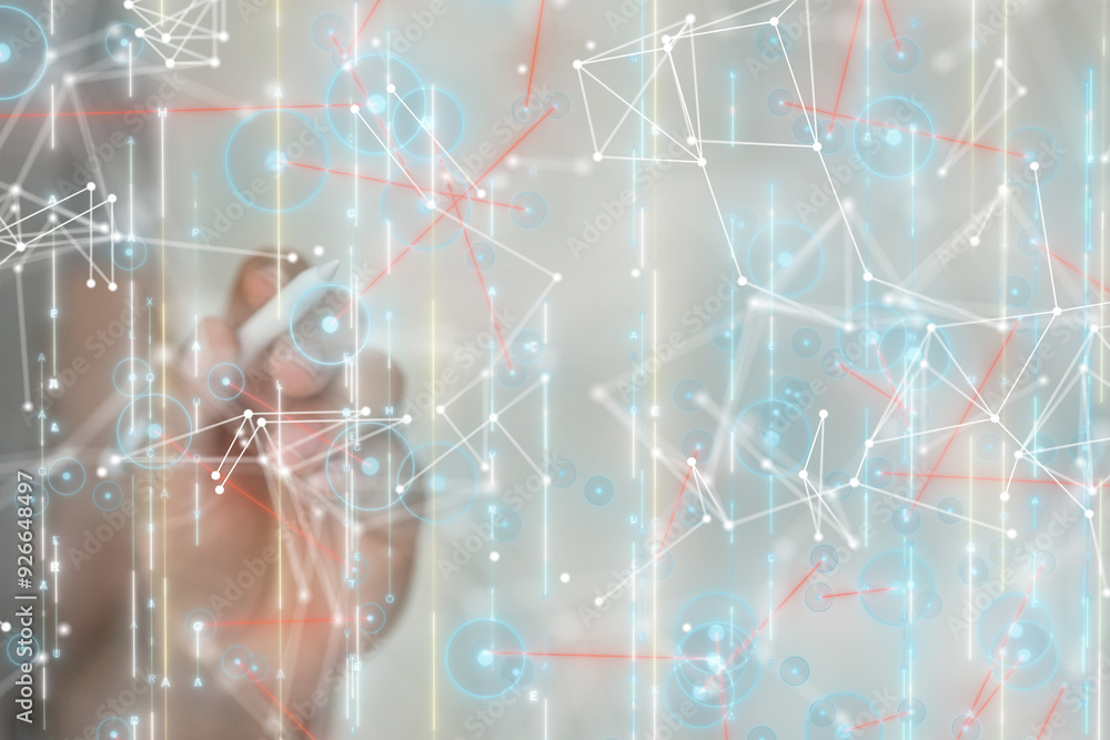 Poster Neural network 3D illustration. Big data and cybersecurity