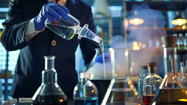 The suited figure carefully pours a liquid chemical into a reaction vessel, his movements slow and deliberate to prevent any splashing or overflow