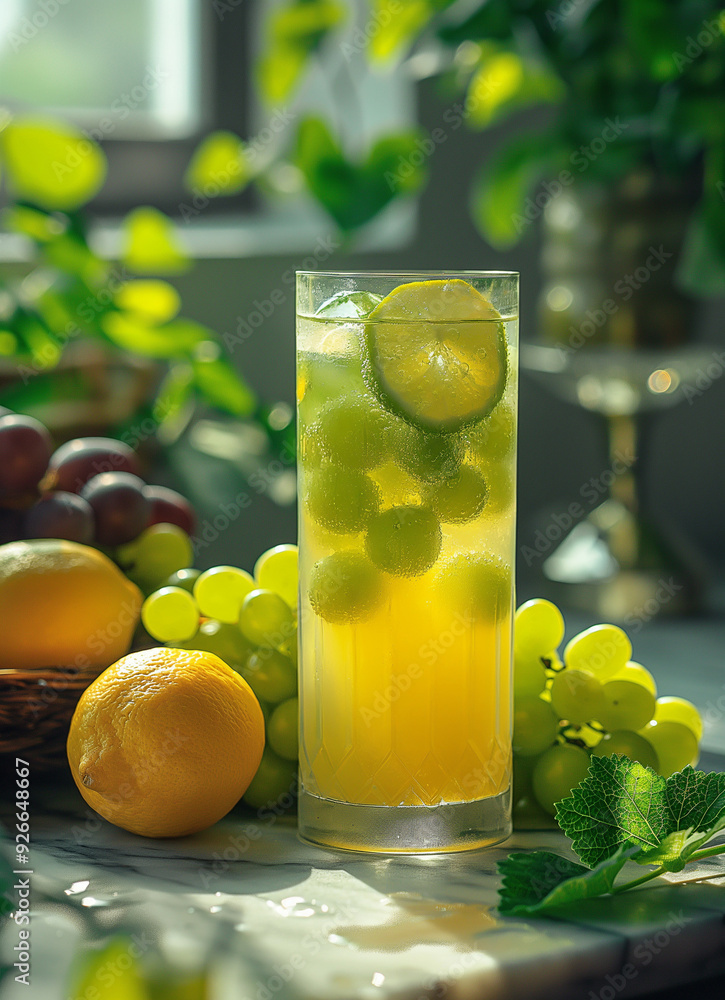 Poster sparkling refreshment with grapes and lime in sunlight