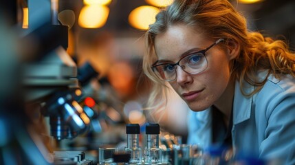 Scientist examining samples in a laboratory with equipment and glowing lights in the background during evening hours