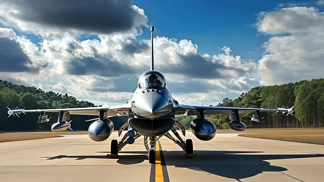 Experience the imposing presence of the F16 military aircraft as it stands sentinel on the airfield, its sleek fuselage gleaming in the sunlight