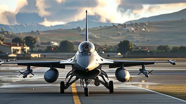 Immerse yourself in the aura of power and precision as the F16 military aircraft stands alone on the airfield, a testament to the skil