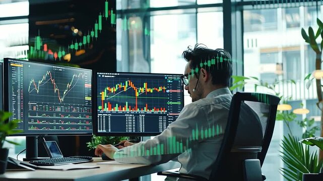 In a bright and inviting office setting, a man is deeply engaged in his work, surrounded by multiple computers as he carefully observes the stock price chart or crypto market