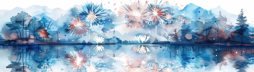 Watercolor Painting of Fireworks Over a Lake
