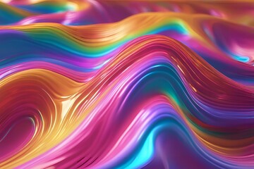 Obraz premium Abstract fluid iridescent holographic metalic shiny curved wave in motion colorful background 3d render. Gradient design element for backgrounds, banners, wallpapers, posters and covers.