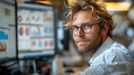 Young professional analyzing data on multiple screens in a modern office environment during the day