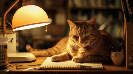 Cat Studying Under a Desk Lamp