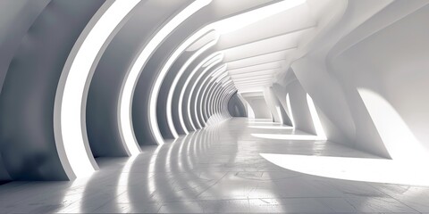 Fototapeta premium Futuristic hallway with curved architecture and bright lighting, creating a sleek and modern atmosphere for creative projects.