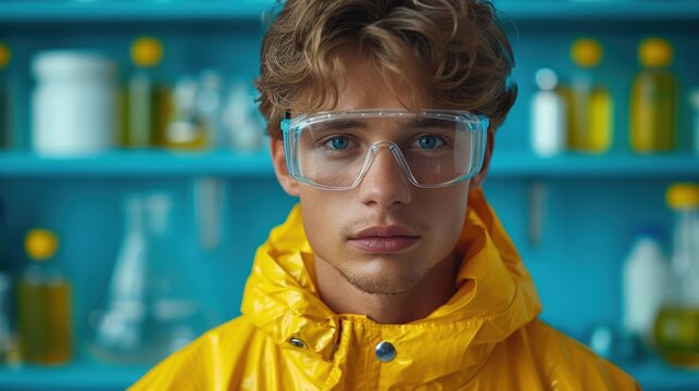 Young man in yellow rain jacket and protective goggles poses in a bright laboratory filled with various bottles