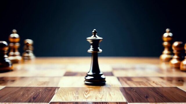 Black queen chess piece standing strong on a chessboard