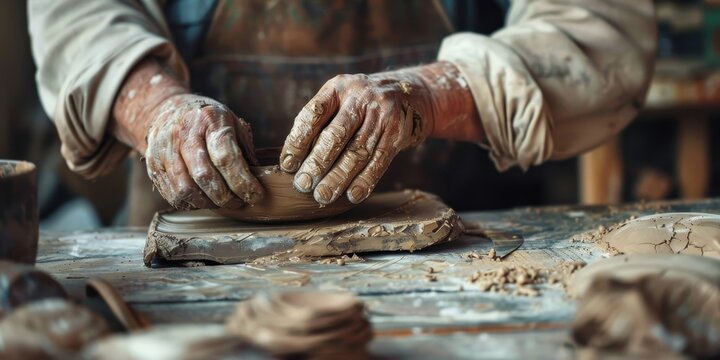 Hands shaping clay on a workbench, showcasing the artistry and craftsmanship of pottery making in a rustic workshop.