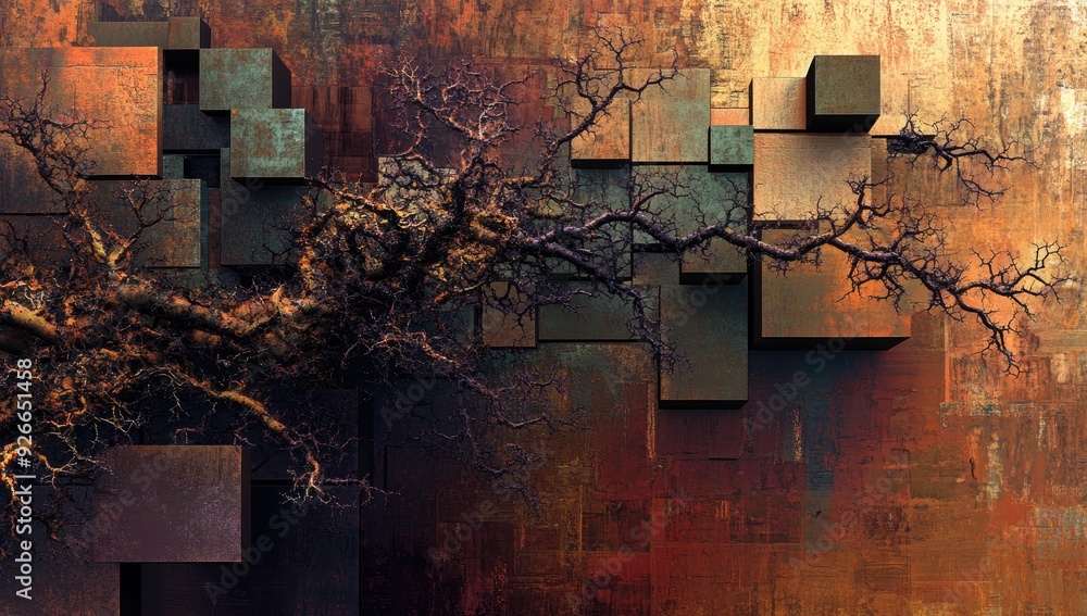 Aufkleber abstract art with bare branches and textured blocks.