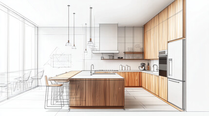 Kitchen Design Sketch with Wooden Cabinets and Island