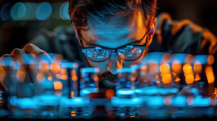 A focused individual works intently on a high-tech control panel with glowing buttons in a dimly lit environment