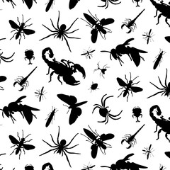 Silhouettes of insects in a pattern.Black silhouettes of insects on a transparent background in a vector pattern.