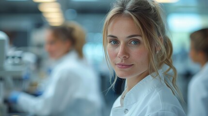 Fototapeta premium Scientist working in a laboratory during daytime, focused on research and experiments with colleagues in the background