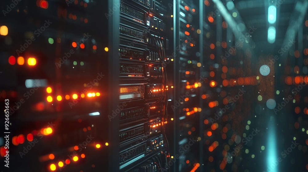 Poster a high-tech data center with network mesh wires visible on the server racks, spotlighted to highligh