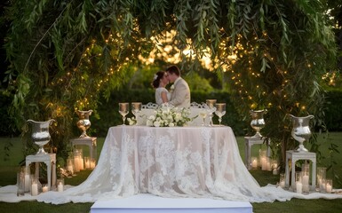 Luxurious Outdoor Wedding Setting with Lace Table, Glass Vases, and Greenery