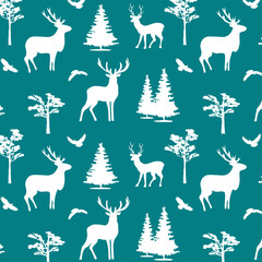 Silhouettes of deer and trees in a pattern.Vector seamless pattern with silhouettes of deer, birds and trees on a colored background.