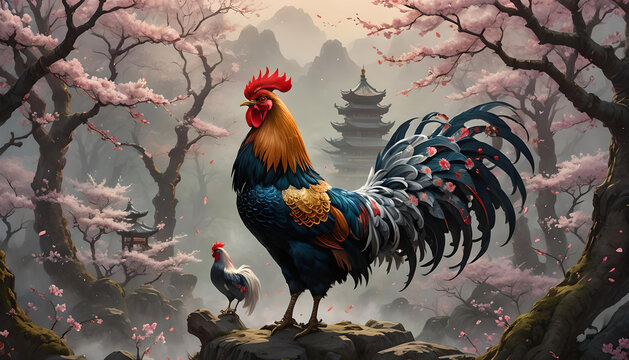 Rooster Chinese zodiac peach blossom background