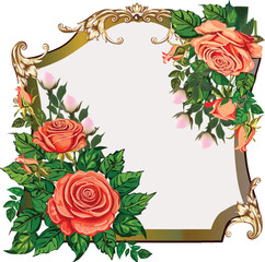 brown curled frame with orange fine roses on white