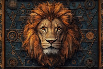 majestic lion with a regal mane emanating strength and authority set against a backdrop of stylized judaic symbols