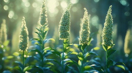 Close-up of Green Flower Spikes in a Sunlit Forest