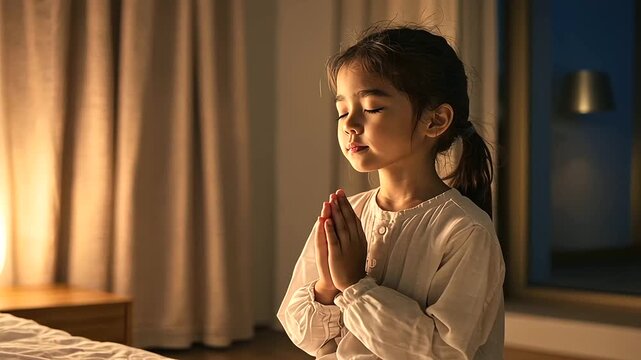 Nighttime scene of a young girl kneeling in her bedroom, praying with closed eyes and clasped hands, capturing the innocence and sincerity of her devotion. Ideal for themes of faith and childhood spir