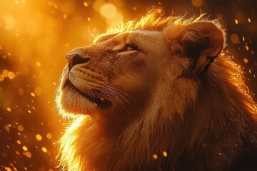 majestic lion of judah bathed in golden sunset light powerful feline form exudes strength and nobility rich warm colors and dramatic sky create inspiring christian symbolism