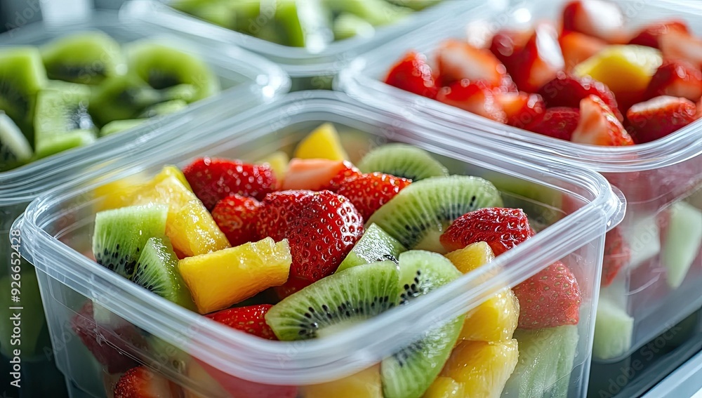 Wall mural Fresh fruit salad in plastic containers.