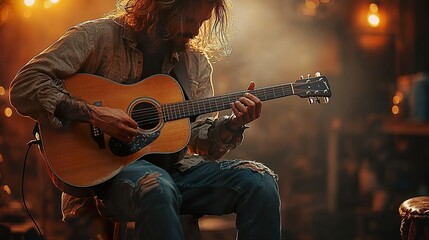 Obraz premium A musician playing an acoustic guitar, sitting on a stool with a spotlight focusing on them, casting dramatic shadows against the dark background