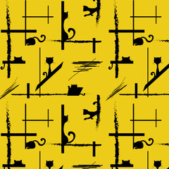 Silhouettes of cats in an abstract background.Vector seamless pattern with black silhouettes of cats on a yellow background.