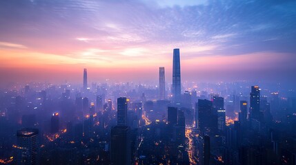 Fototapeta premium A panoramic view of a city skyline with a focus on iconic skyscrapers, spotlighted to create a striking contrast with the evening sky