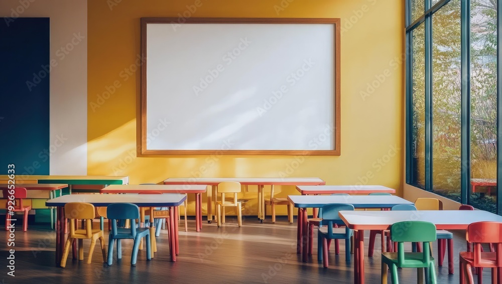 Poster empty classroom with colorful chairs and tables.